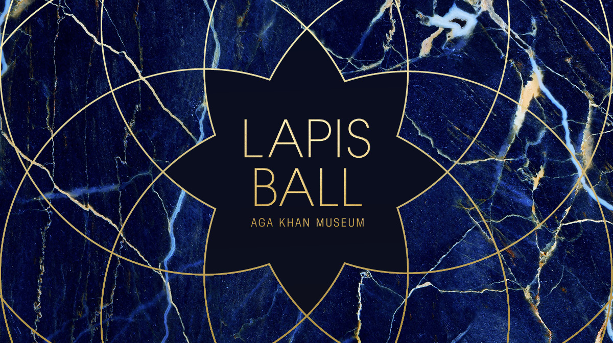 Dark blue background with gold geometric linear pattern and the text LAPIS BALL