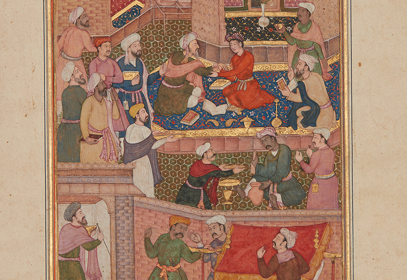 : A 17th-century manuscript painting showing a gathering of doctors in a mansion or palace.