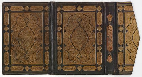 Open, laid flat exterior bookbinding cover with flap. Brown with gold central rectangular panel gilt-stamped with floral motifs and cloud bands. The cover and flap have a gold central medallion and corner pieces, gilt-stamped border bands of foliate cartouches.