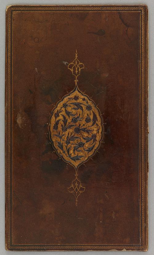Outer cover of light brown leather Iranian book binding. Gilt rope along with border and gilt embossed motif in the centre decorated with black flowers.