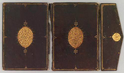 Dark-brown leather bookbinding of Turkish origin laid open flat with a flap. Gilt rope border encompassing a gilt-stamped medallion in the centre with gilt-stamped dots. Flap also has similar gilt rope border, as well as gilt-stamped Chinese clouds.