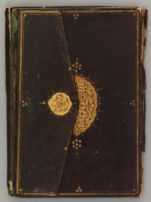 Front cover of a Turkish dark-brown leather book binding, with the flap folded over. Gilt rope border encompassing a gilt-stamped medallion in the centre. Flap also has similar gilt rope border, as well as gilt-stamped Chinese clouds.