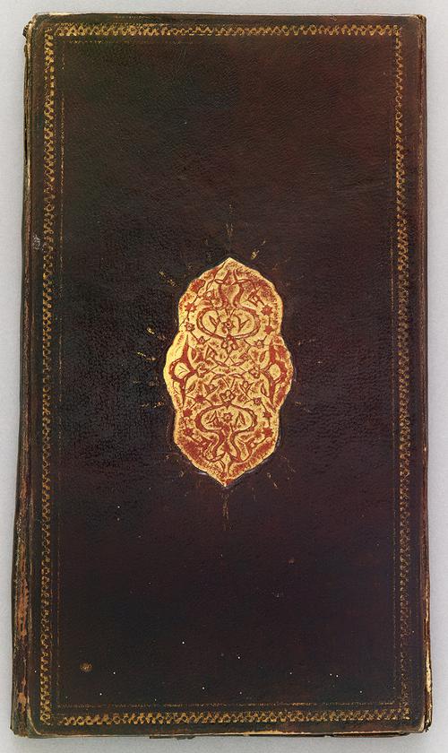 Outer cover of dark-brown book binding with a gilt rope border and a gilt-stamped medallion in the centre. Medallion is gold with embossed vines and some red in the background. 