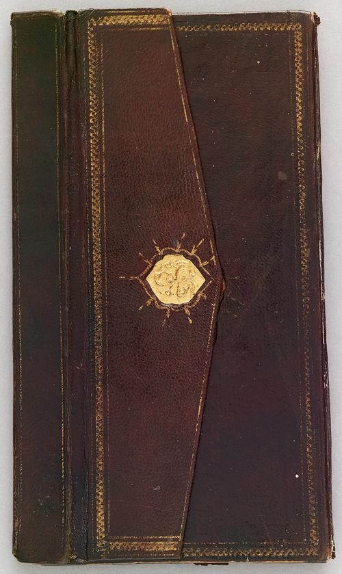 Front of dark-brown Turkish book binding with flap closed. There is a gilt rope border, a gilt-stamped medallion in the centre; medallion is gold with embossed vines and some red in the background. Flap is a dark-brown leather with gilt rope and small gold embossed medallion. 