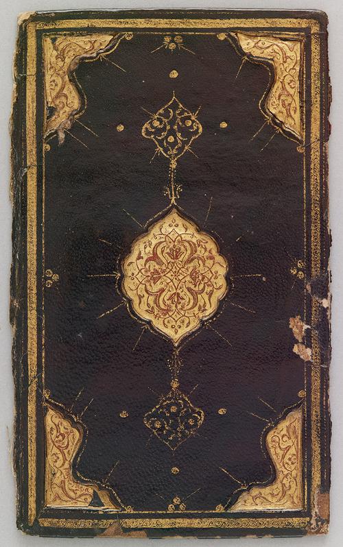 Chestnut-coloured leather bookbinding cover decorated with a recessed central medallion that bears a stamped design of alternating flowers and leaf-like motifs. The cornerpieces are decorated with leaves and flowers on branches. These designs are entirely gilded.