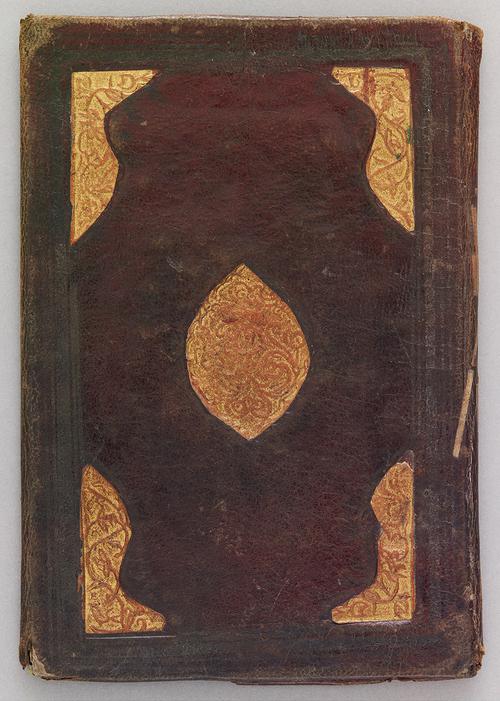 Leather bookbinding with a gold oval medallion at the centre and gold corner pieces, filled with stamped gilded designs of branches and flower-like shapes.