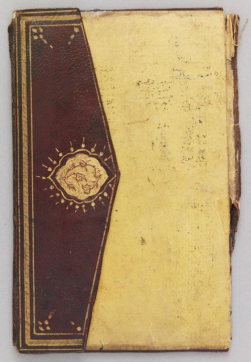 Light chestnut-coloured leather bookbinding flap decorated with a recessed lobed medallion and rosettes formed by dots, folded over the yellow interior of the bookbinding cover.
