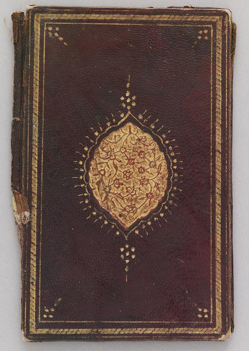 Light chestnut-coloured leather back cover with a recessed lobed medallion and rosettes formed by dots. The medallions are filled with stamped and gilded designs of flowers on curved branches.