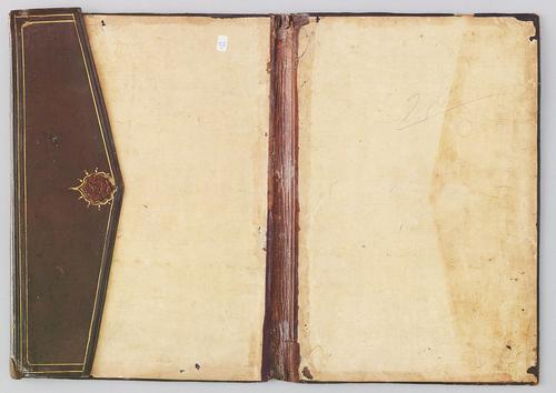 Interior of a chestnut-coloured leather book binding laid flat, beige paper pasted over the covers and back, flap is flipped in exposing the exterior leather and design.