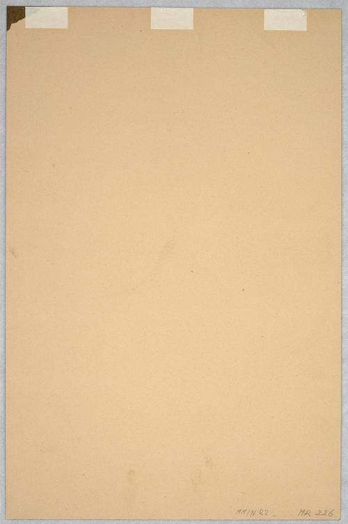 Plain beige rectangular page. There are pencil inscriptions reading “MMIN22” and “MR 226” in the bottom right corner. At the top are three rectangular pieces of tape.