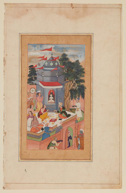 Folio page with a painting enclosed in a tan rectangular border. It depicts a grey, domed shrine with three seated figures conversing in front. There are six standing and seated figures left of the shrine, with two more in the courtyard, one in the doorway, and two outside the walls.