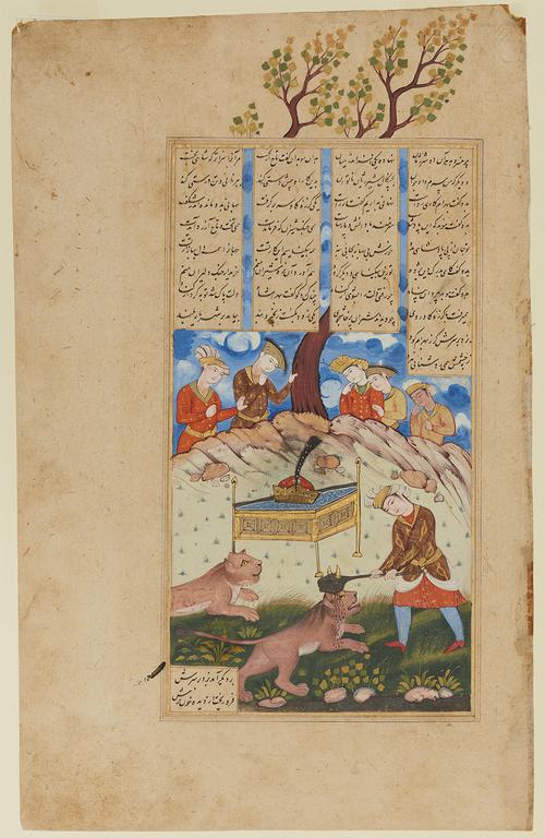 Folio page with four columns of text, with another text box in the lower left. Below is an illustration showing a man fighting two lions, while five figures look on from behind some rocks. A tree stretches from the rocks, behind the text columns, upwards into the top margin.