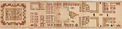 Third section of scroll, depicting the fortified city of Medina with the Great Mosque in the centre. This section depicting the Hajj stops including Medina covers about two thirds of the scroll and is conceived within one same continuous double-lined border
