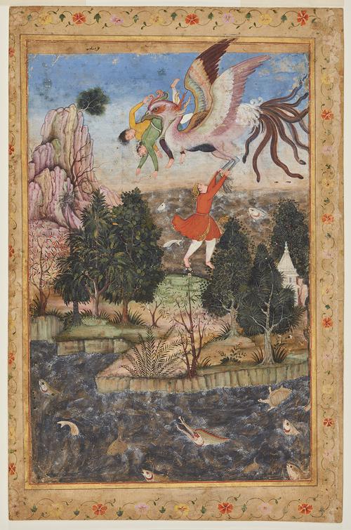 A choppy sea fills the foreground, the land mass features various trees, a small white building and a high rocky outcrop on the far left. Up in the sky, a huge simurgh carries two men in its beak while a third clings to its legs. 