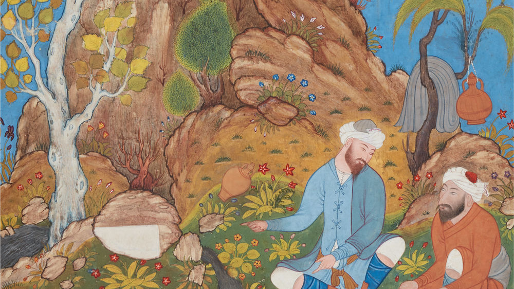 A Persian painting depicts two men, one dressed in blue, against a landscape of rocks, trees, flowers, and a blue sky.