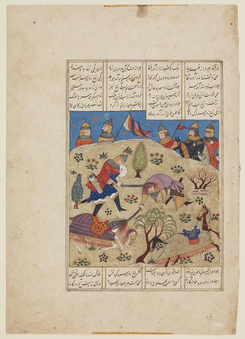 Folio page with text arranged in four columns. A large illustration shows two men duelling, while five soldiers look on. The warrior in red is winning, slashing at the other man’s neck, as he in turn decapitates a white horse. A brown horse runs loose in the bottom right.