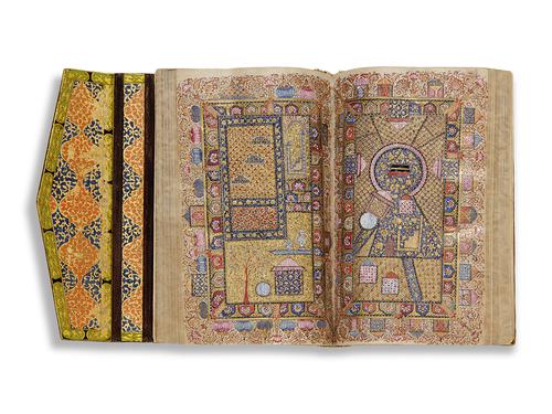 Open manuscript, inside the leather binding flap decorated with gold scrolling floral design with green, rd and blue background. The book is open to a double-page depiction of the topographical view of two holy cities of Mecca (on the right) and Medina (on the left), illuminated in gold, red and blue.