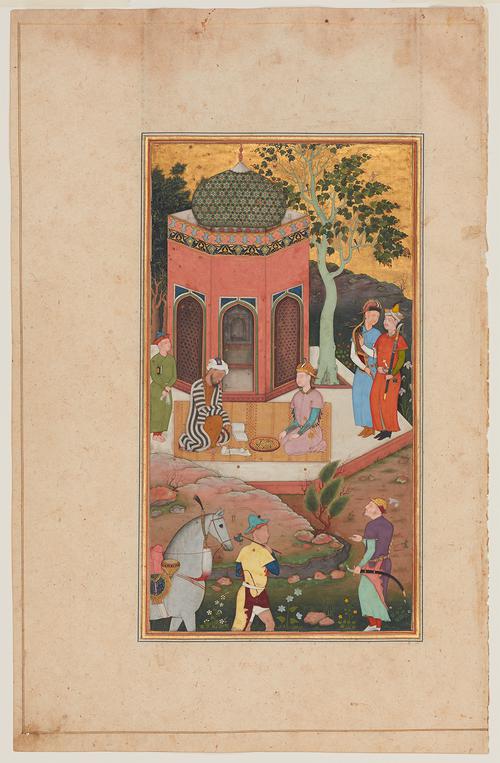 Folio page with a painting depicting two seated figures on a rug in front of a short peach-coloured tower. Between them are prayer beads, books, paper and a pen. To the right are two standing, armed figures; below are two additional soldiers, one leading a grey horse. 