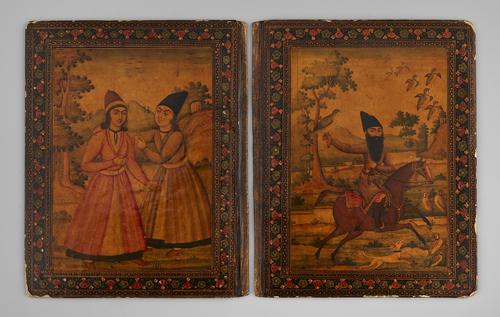 Binding detached from an unknown manuscript, cover on the left-hand side has two standing figures interacting, while the cover on the right has one figure on horseback holding a falcon.