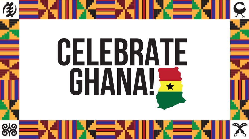 A border of African prints surround the words Celebrate Ghana on a white background.