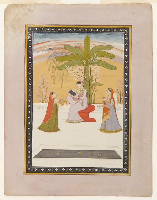 Sitting in a garden, a young woman examines her reflection in a mirror. Beside her are two woman attendants.