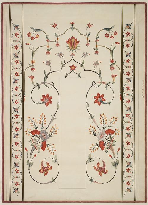 This architectural study drawing of red flowers and leaves on scrolling stems, surrounding a rectangular blind cartouche. 