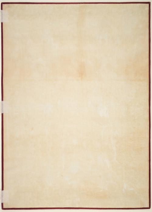 Beige rectangular paper with a thin dark orange boarder. Three pieces of white tape along the top edge