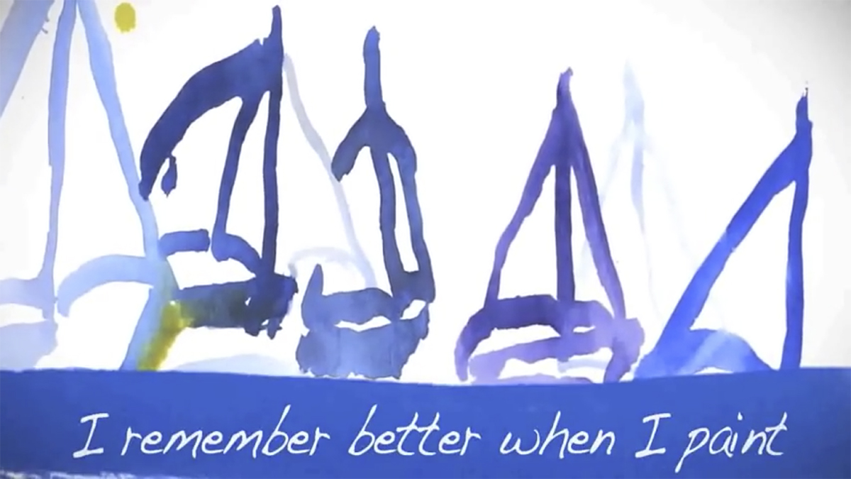 Five sailboats painted in watercolour float on water, inside which the words “I remember better when I paint” are written.