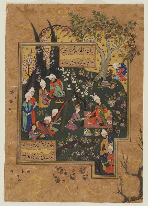 Manuscript page, of a with a painting of a young prince sitting in a flowering garden with companions, listening to music. The painting expands over its irregular frame by the hillside and trees—including two bending cypresses and a plane tree with birds and even a bird’s nest in its upper branches—which extend into the upper margin.