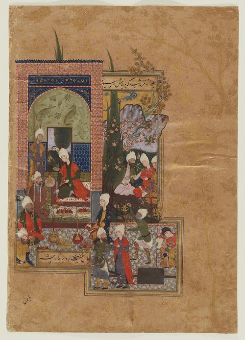 	 Painting on brown paper of a festive scene,a young prince and his guests at night  in an interior and exterior setting, arched palace opening onto a tiled terrace, garden-like landscape. Servants near the square terrace pool in the lower right.