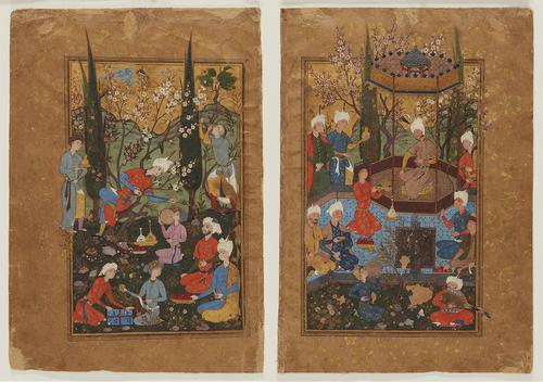 Two paintings side by side, on the left a painting a young man sits in a tree playing a lute, with companions listening and playing chess, and servants in attendance. On the right young bearded prince sitting otuside under a canopy on a terrace, surrounded with companions and servants, and serenaded by musicians.