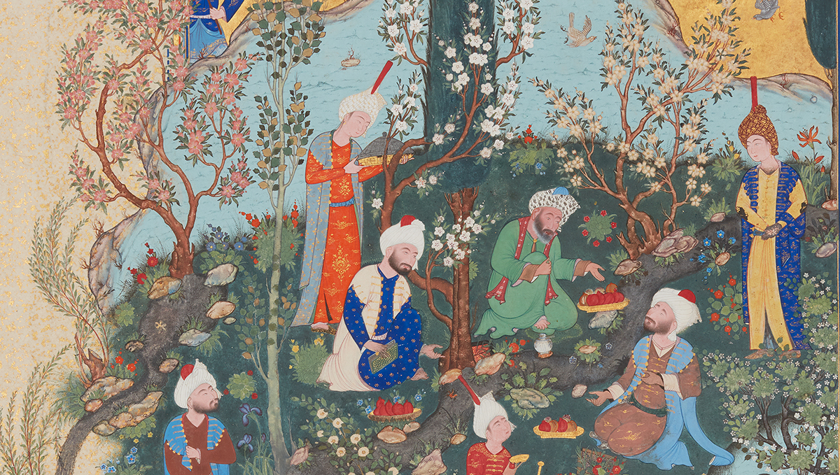 A 16th-century Iranian manuscript painting featuring eight robed men feasting in a lush garden.
