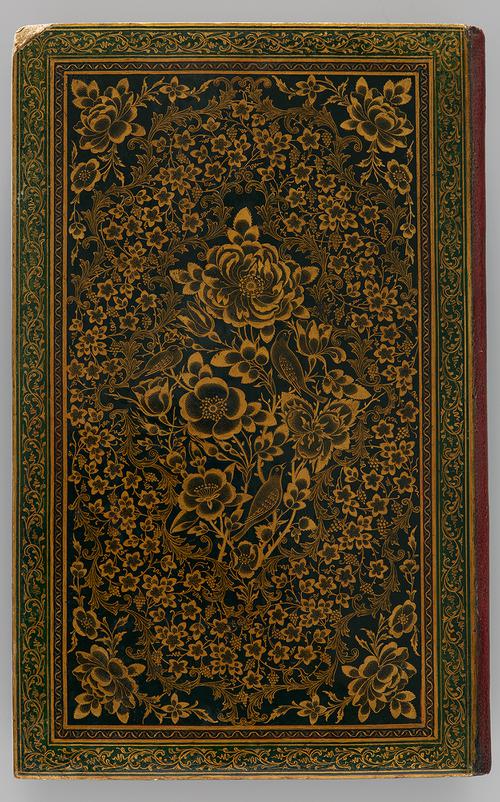 The lacquer binding is decorated with sprays of flora and vegetation in gold on a black ground. The design radiates from the centre, features a rose bush with flowers in various stages of bloom with three nightingales perched on its stems.