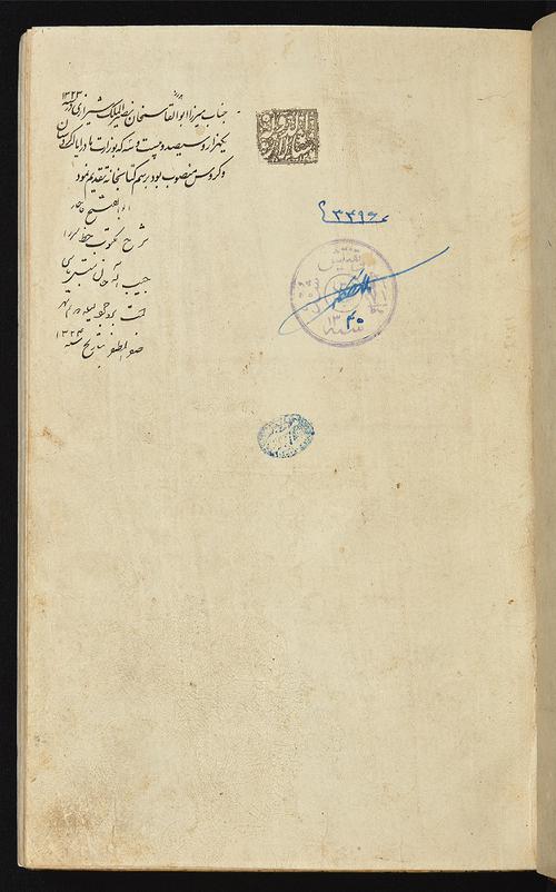 Plain page with small inscriptions and annotations in upper left corner, telling us that Nasir al-Mulk donated this manuscript to the royal library in A.H. 1323/1904–5, ten years after it was completed.