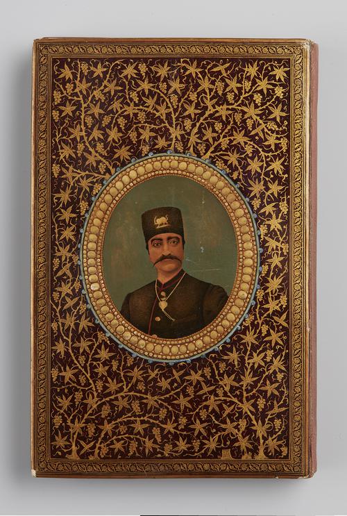 Contemporary lacquer binding, with central medallion-portrait of Nasir al-Din Shah against gold vine-plants on dark red ground with outer frame of gold scrolls.
