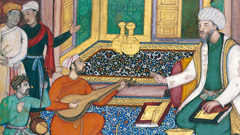A painting of two turban-wearing men playing string instruments for a man holding a book, while two other men look on.