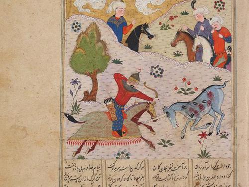 AKM54, Bahram Gur Kills a Rhino in India, from a manuscript of The Book of Kings (Shahnameh) by Firdausi
