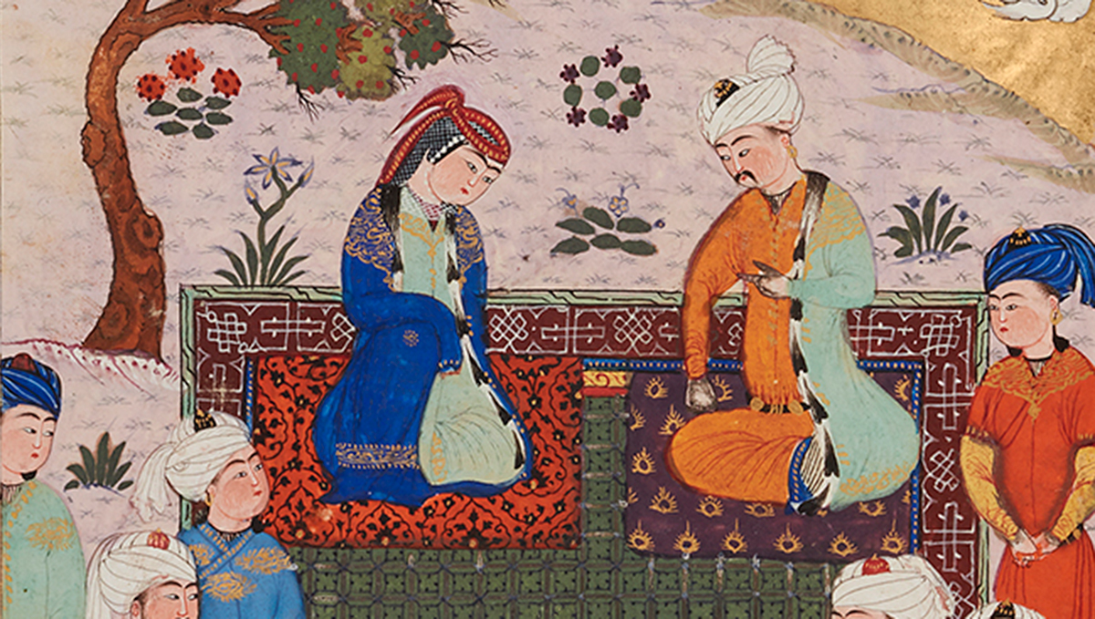 A painting showing a turban-wearing man and a headscarf-wearing woman sitting on a finely detailed green and red carpet as onlookers gazing toward them. 