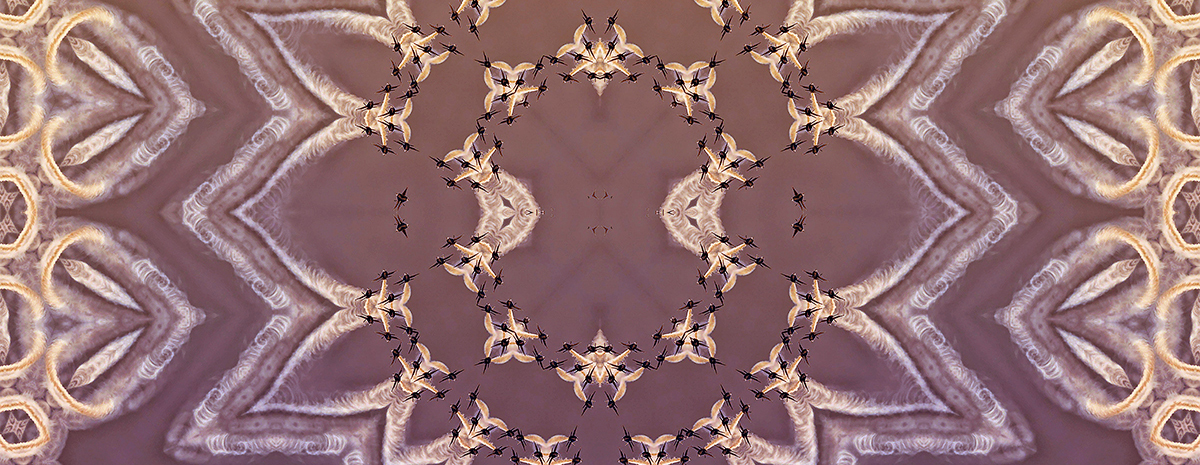 Purple and beige geometric shapes and tiny warplanes arranged in an abstract form.