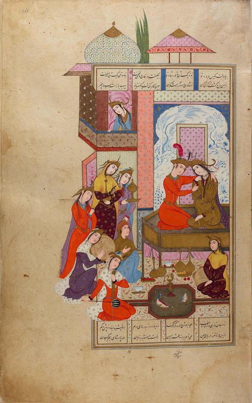 Painting in a manuscript, two main characters kneeling and embracing one another, inside a colourful palace, surrounding figures looking at them.