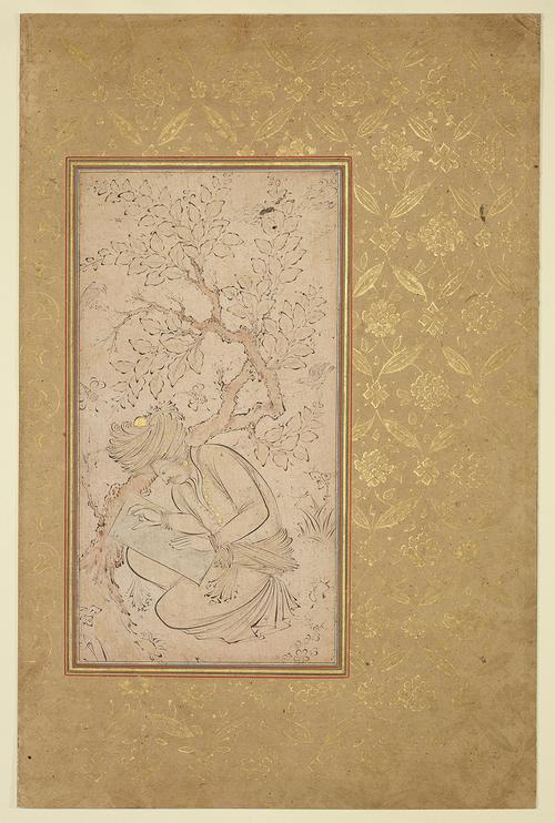 Drawing of a man sitting in a landscape holding a drawing board, in front of a tree. Rectangular drawing offset on a page decorated with a gold floral pattern.
