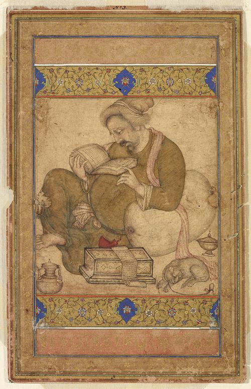 Drawing of a man sitting leaning against a cushion reading a book.  Above and below the drawing are illuminated borders, gold with floral decorations.