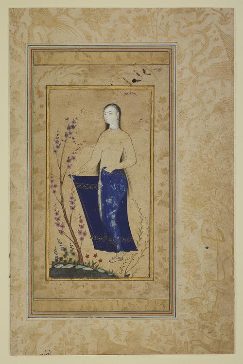 Drawing depicts a young woman at a pond holding a blue towel around her waist in a landscape containing flowers and a graceful and elegant blossoming tree. Set on a page with a softly illuminated with floral pattern.