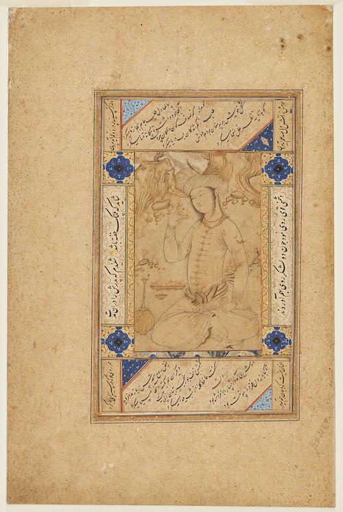 Drawing depicts a young man seated cross-legged in a rocky landscape with a feather-emblazoned turban. Surrounded by multiple layers of borders, with floral decorated illumination on gold flecked paper.
