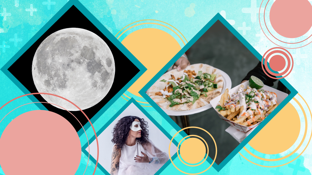 A collage of three images: the moon, a woman in a mask, and two plates of food.