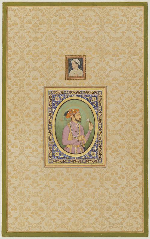 This album painting shows portraits of two Mughal emperors; the upper portrait shows Jahangir in a small window-scene, while the lower, larger portrait depicts his son, with a golden nimbus or halo encircling his head. Both portraits are on a larger page covered in a gold floral pattern.