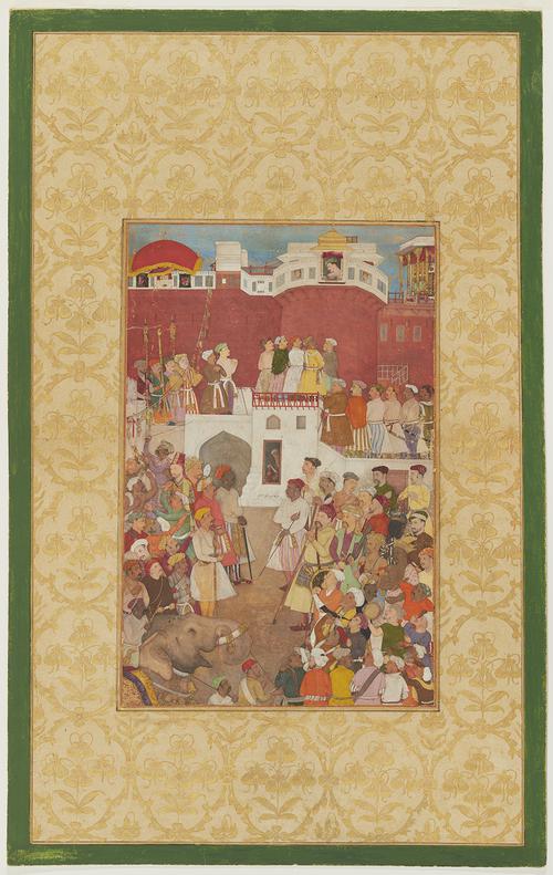 Emperor Jahangir appears in a balcony window and looks down to Agra Fort. His top-ranking officials stand on a terrace just below. Beneath the terrace, lower-ranking officials and the public gather in a courtyard. Near the red canopy at the left is suspended a golden chain with golden bells.