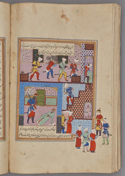 Painting within a rectangular border of blue, gold, green, and red, lines of script at the top and bottom. Soldiers searching a palace, five figures extend past the bottom right boarder.   