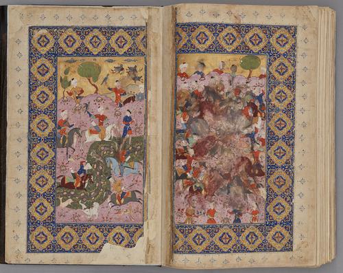 Double page spread, gold and blue boarder of illuminated cartouche within a rectangular panel, with an inscription, and with floral patterns in pale pink, yellow, and white. Surrounding a smudged painting on the right and on the left a clear hunt-scene.   
