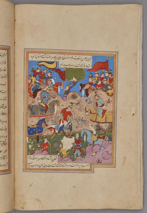 Painting within a rectangular border of blue, gold, and red, with script inside the top and bottom border. A warrior stands over top another warrior on the ground, holding a knife to his throat. Men on horseback watch the execution from all sides.   